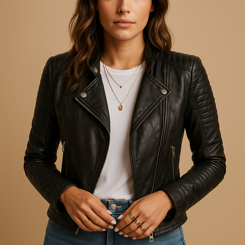 Avalon | Women's Black Faux Leather Jacket with Classic Collar 0