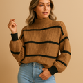Elise | Women's Oversized Striped High Neck Sweater in Black and White 0
