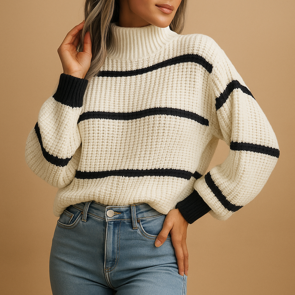 Elise | Women's Oversized Striped High Neck Sweater in Black and White 1