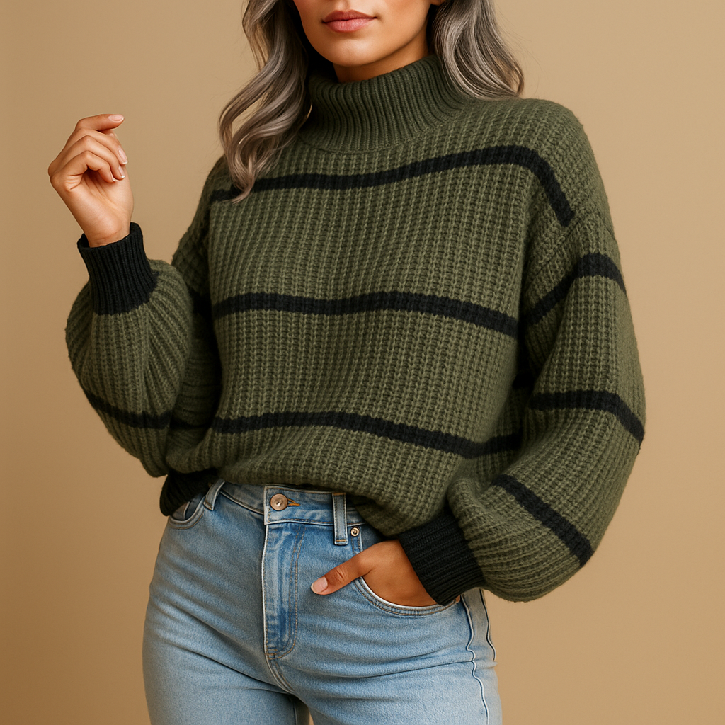 Elise | Women's Oversized Striped High Neck Sweater in Black and White 2